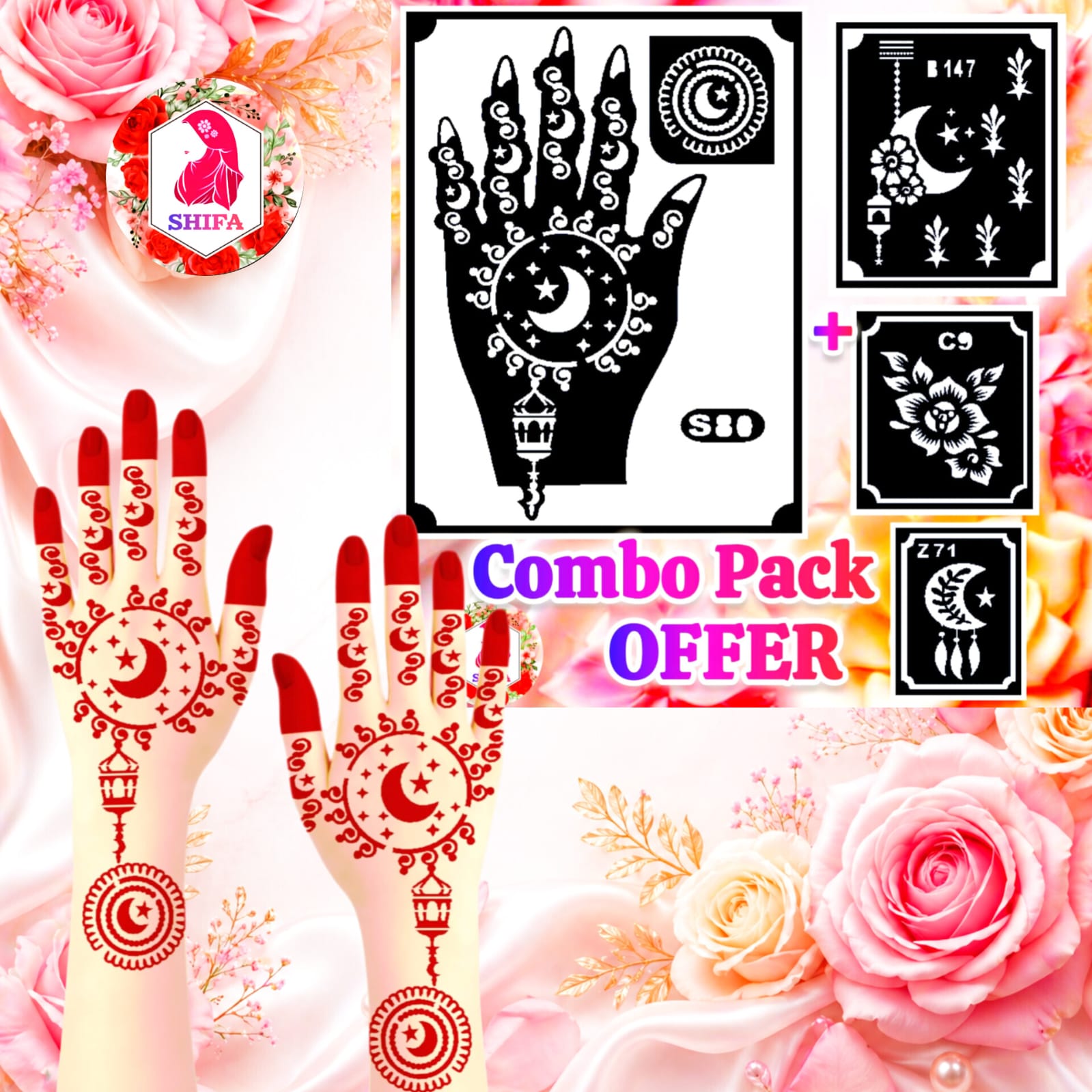 S 80 Moon & Stars Patterned Design Sticker Overview Henna Stencil - Shifa Stencil